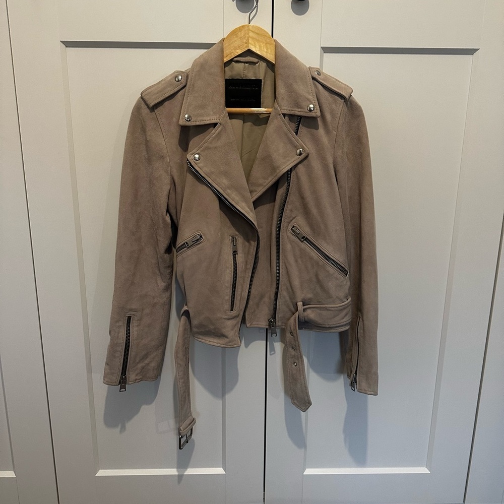 AllSaints Women’s Suede BALFERN BELTED SUEDE BIKER JACKET - Taupe